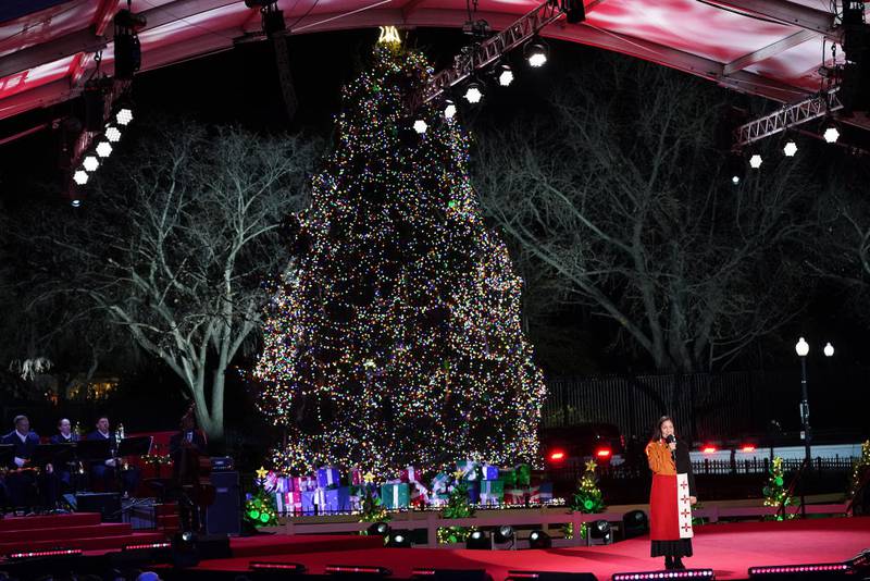 WASHINGTON, DC - NOVEMBER 30: U.S. Interior Secretary Deb Haaland speaks during the Lighting Ceremony of the National Christmas Tree in President's Park in the Ellipse of the White House on November 30, 2023 in Washington, DC. High winds toppled the tree on Tuesday but workers were able to right the 40-foot Norway spruce, which was planted just two weeks ago to replace another tree, planted in 2021, that had developed a fungal disease. (Photo by Nathan Howard/Getty Images)